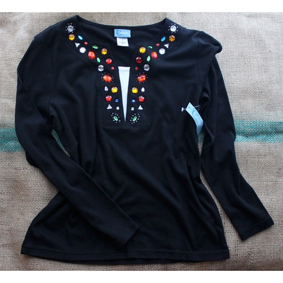 Classic Elements Tops - Festive Black Long Sleeve Top Embellished NWT